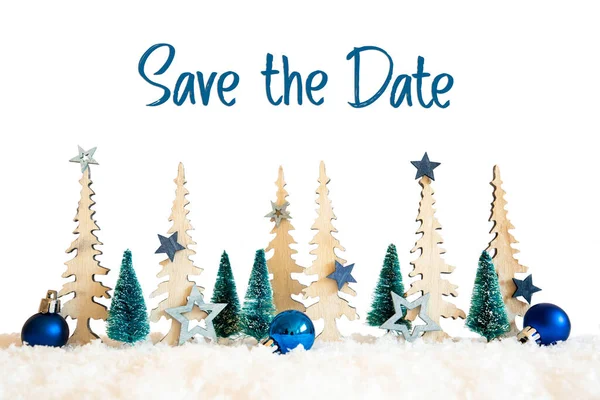 Árvore de Natal, Neve, Estrela Azul, Bola, Texto Salvar a Data, Fundo Branco — Fotografia de Stock