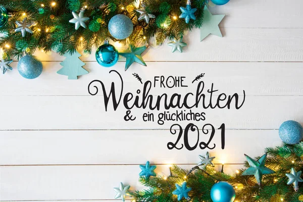 Turqouise Christmas Decoration, Fairy Lights, Glueckliches 2021 Means Happy 2021 — 스톡 사진