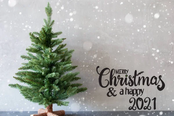 Albero di Natale, Buon Natale e un felice 2021, sfondo grigio, fiocchi di neve — Foto Stock