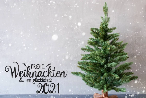 Tree, Glueckliches 2021 Mean Happy 2021, Cement Background, Snowflakes — 스톡 사진