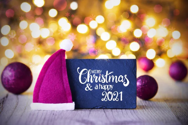 Luces centelleantes, Bola, Sombrero de Santa púrpura, Glueckliches 2020 Mean Happy 2021 —  Fotos de Stock