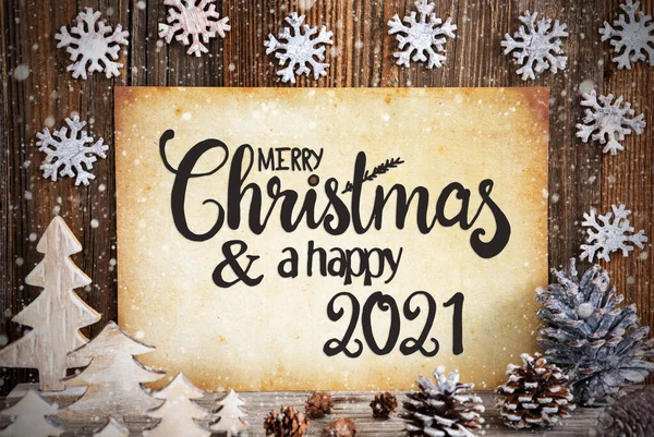 Carta vecchia con decorazione di Natale, Testo felice 2021, Fiocchi di neve — Foto Stock
