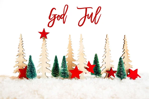 Karácsonyfa, hó, vörös csillag, Isten Jul azt jelenti, boldog karácsonyt — Stock Fotó
