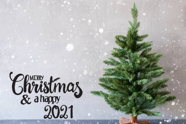 Árvore, Feliz Natal e um feliz 2021, fundo de cimento, flocos de neve — Fotografia de Stock