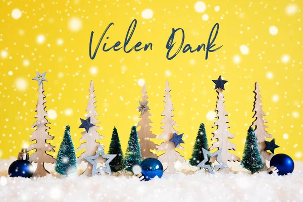 Albero, Fiocchi di neve, Stella blu, Vielen Dank significa grazie, sfondo giallo — Foto Stock
