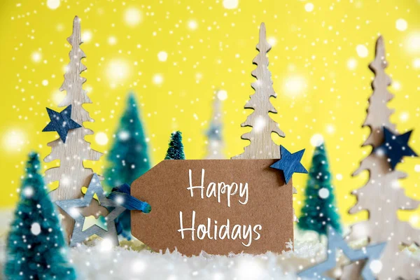 Christmas Trees, Snowflakes, Yellow Background, Label, Text Happy Holidays — Stock Photo, Image