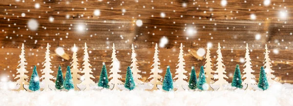 Christmas Tree Banner, Rustic Brown Wooden Background, Snowflakes — стокове фото