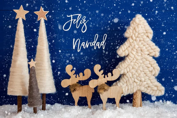 Choinka, Łoś, Śnieg, Feliz Navidad oznacza Wesołych Świąt, Płatki śniegu — Zdjęcie stockowe