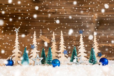 Noel ağacı, kar, mavi yıldız, top, kopyalama alanı, tahta arka plan, kartaneleri