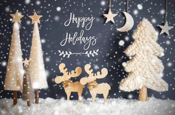 Julgran, Älg, Måne, Stjärnor, Snö, Text Happy Holidays, Snöflingor — Stockfoto