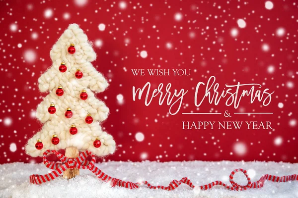 나무, 볼, 메리 크리스마스 And A Happy New Year, Red Background, Snowflakes — 스톡 사진