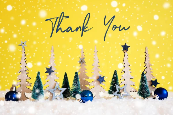 Christmas Tree, Snowflakes, Blue Star, Ball, Text Thank, Yellow Background — стокове фото