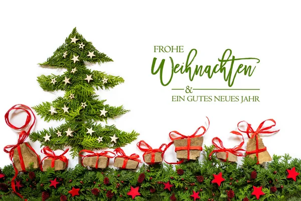 Kerstboom, Geschenken, Rode en Zilveren Sterren, Gutes Neues betekent Gelukkig Nieuwjaar — Stockfoto