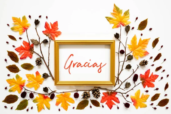 Bunte Herbstblattdekoration, goldener Rahmen, Text Gracias bedeutet Danke — Stockfoto
