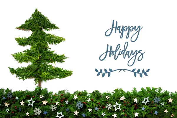 Χριστουγεννιάτικο δέντρο, μπλε αστέρια, κλάδος Fir, κείμενο καλές γιορτές — Φωτογραφία Αρχείου