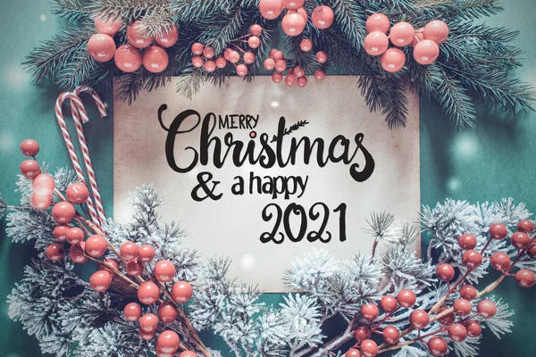 Ramo di abete, carta, buon Natale e un felice 2021 — Foto Stock