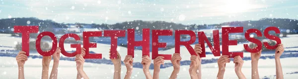 Mâinile oamenilor dețin cuvântul Togetherness, fundal de iarnă zăpadă — Fotografie, imagine de stoc