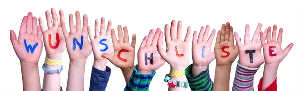 Children Hands Building Word Wunschliste oznacza listę życzeń, izolowane tle — Zdjęcie stockowe