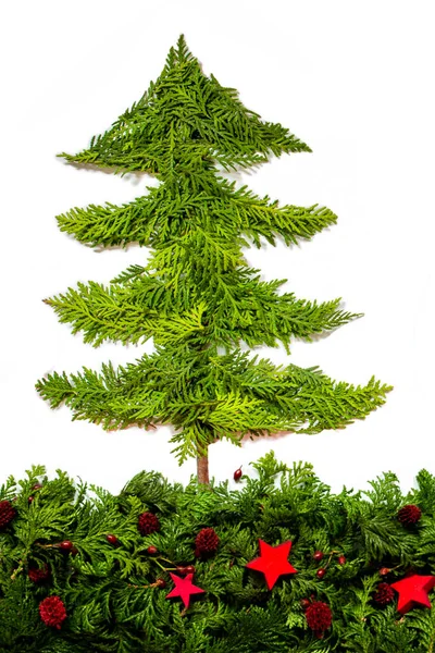 Christmas Tree Made Of Fir Branch, Red Star Decoration. — Stock Photo, Image
