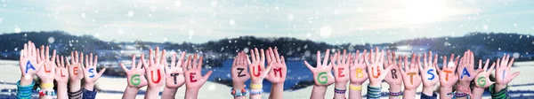 Children Hands Building Word Geburtstag Means Happy Birthday, Snowy Winter Background — Stock Photo, Image