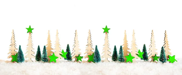 Julgran Banner, Green Star dekoration, vit isolerad bakgrund, snö — Stockfoto