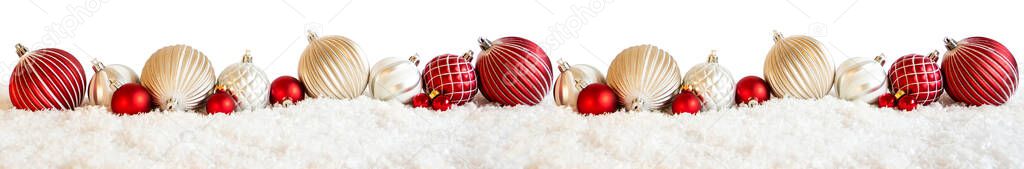 Banner Of Christmas Ball Ornament, Snow, White Isolated Background