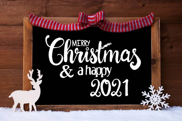 Lavagna, decorazione di Natale, neve, cervo, buon Natale e un felice 2021 — Foto Stock