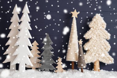 Noel Ağaçları, Kar, Kara Tahta Arkaplan, Yıldız, Kar Taneleri