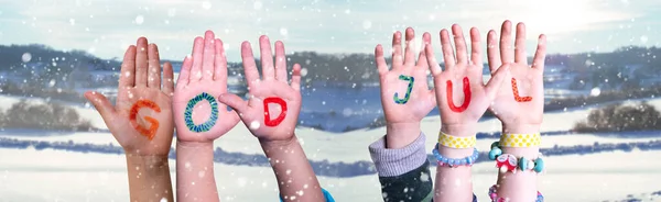 Niños Manos Construyendo Dios Jul Significa Feliz Navidad, Fondo de Invierno Nevado — Foto de Stock