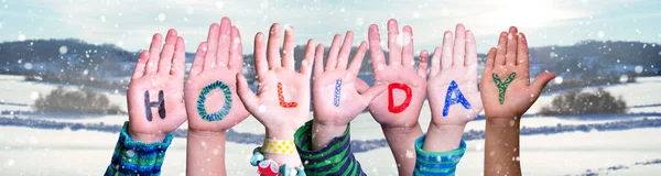 Niños Manos Construyendo Vacaciones de Palabra, Fondo de Invierno Nevado —  Fotos de Stock