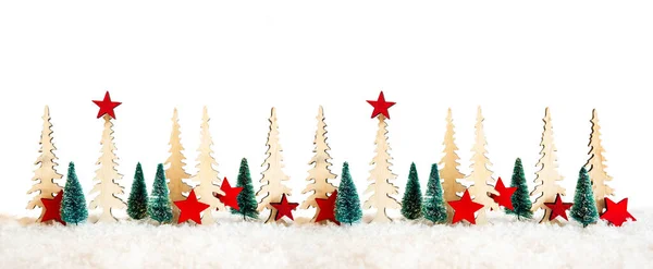 Christmas Tree Banner, Red Star Decoration, White Isolated Background, Snow — Stock Photo, Image