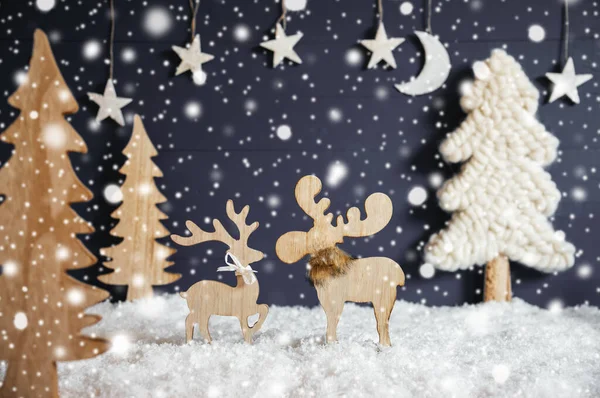 Christmas Tree, Moose Couple In Love, Moon, Snow, Snowflakes, Black Background — Stock Photo, Image