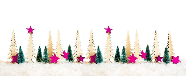 Χριστουγεννιάτικο Δέντρο Banner, Ροζ Διακόσμηση Αστέρων, Λευκό απομονωμένο φόντο, χιόνι — Φωτογραφία Αρχείου