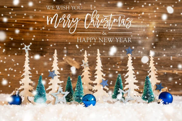 나무, 눈, 푸른 별, 메리 크리스마스 And Happy New Year, Wood, Snowflakes — 스톡 사진