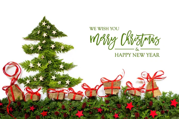 Дерево, елка филиал, подарки, красный, серебряные звезды, счастливого Рождества и с Новым годом — стоковое фото