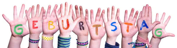 Dzieci Ręce Budowanie słowa Geburtstag oznacza urodziny, izolowane tle — Zdjęcie stockowe