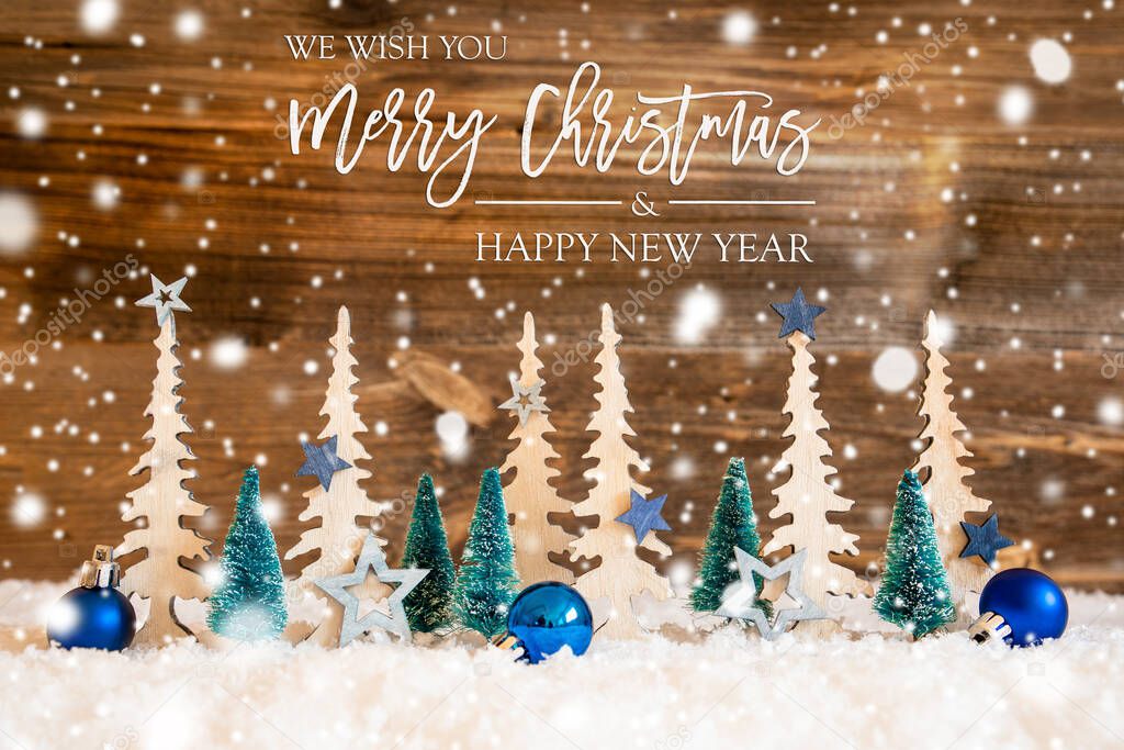 Tree, Snow, Blue Star, Merry Christmas And Happy New Year, Wood, Snowflakes