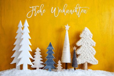 Noel Ağaçları, Kar, Sarı Arkaplan, Frohe Weihnachten Mutlu Noeller