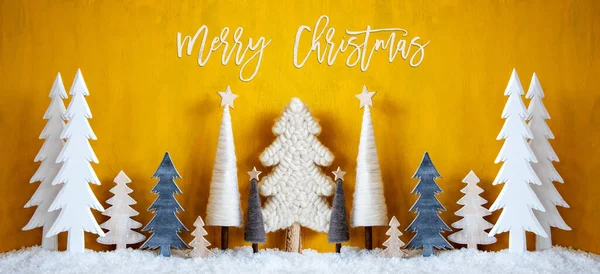Banner, Juletræer, Sne, Gul baggrund, Glædelig jul - Stock-foto