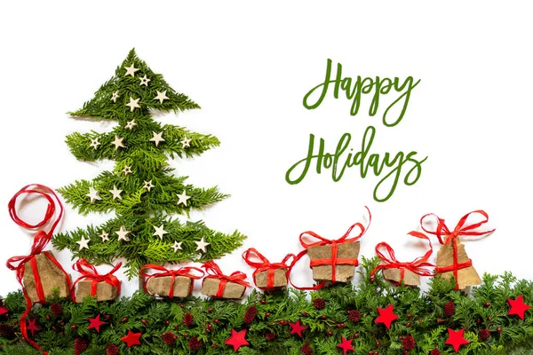 Karácsonyfa, Fir Branch, Ajándékok, Vörös és Ezüst Csillag, Szöveg Boldog Ünnepeket — Stock Fotó
