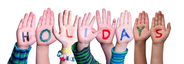 Niños Manos Construyendo Vacaciones de Palabra, Fondo Aislado — Foto de Stock