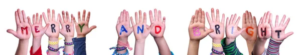 Children Hands Building Word Merry And Bright, Isolated Background — Stock Photo, Image