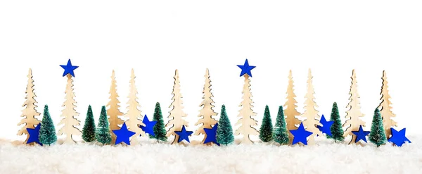 Kerstboom Banner, Blauwe ster decoratie, Witte geïsoleerde achtergrond, Sneeuw — Stockfoto