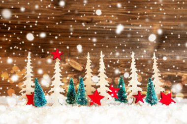 Noel Ağacı, Kar, Kızıl Yıldız, Kopya Alanı, Tahta Arkaplan, Kar Taneleri