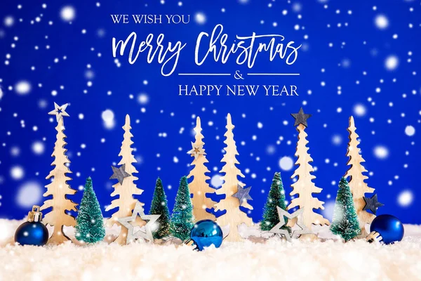 Träd, snöflingor, Blå stjärna, God Jul och Gott Nytt År, Blå bakgrund — Stockfoto