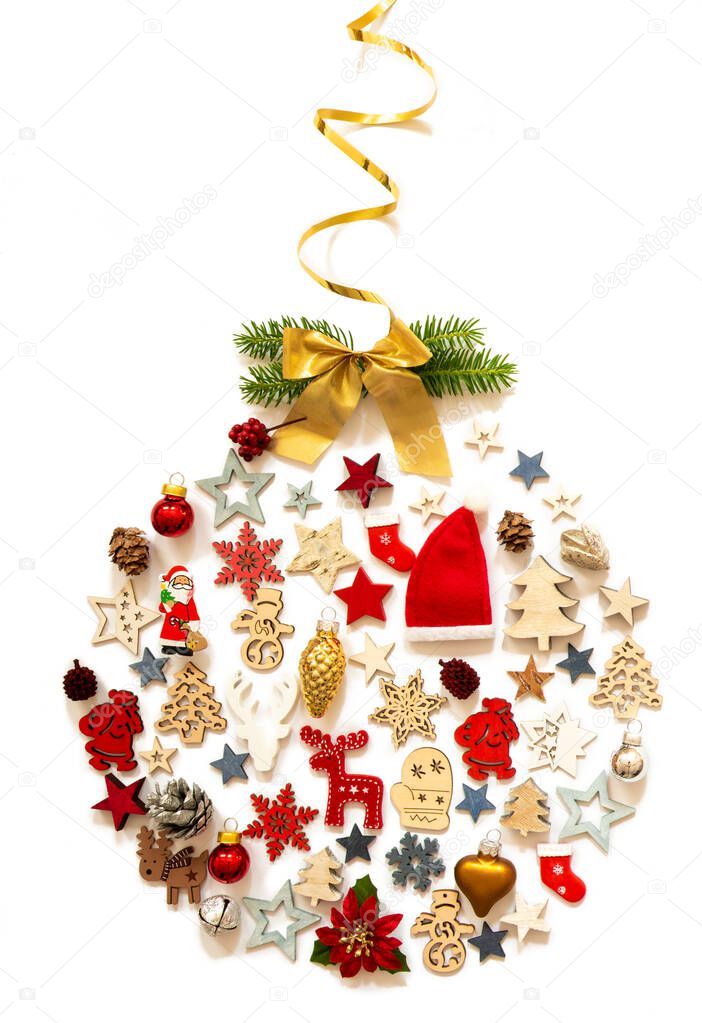 Christmas Ball, Decoration And Ornament, Fir Branch, Bow, Isolated Background