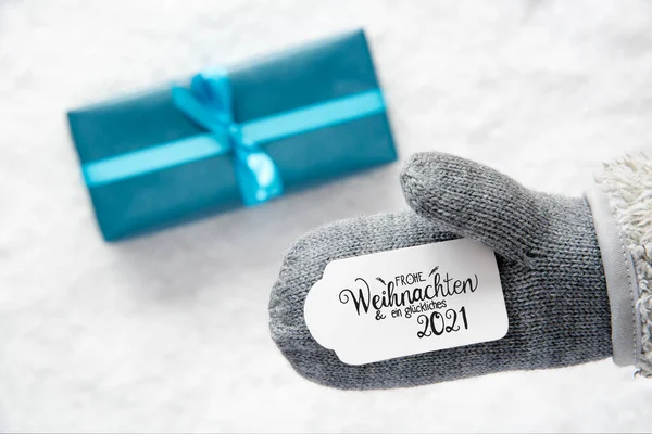 Gray Glove, Turquoise Gift, Label, Snow, Glueckliches 2021 Means Happy 2021 — стокове фото