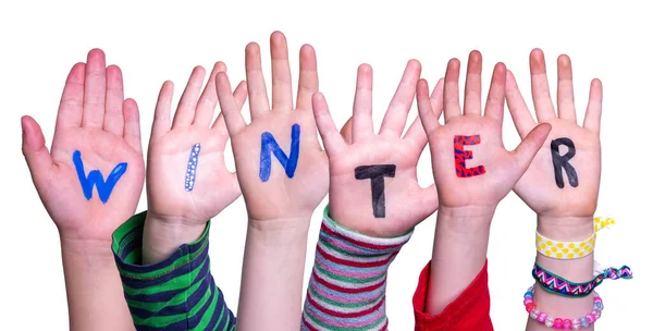 Crianças mãos construindo palavra inverno, fundo isolado — Fotografia de Stock
