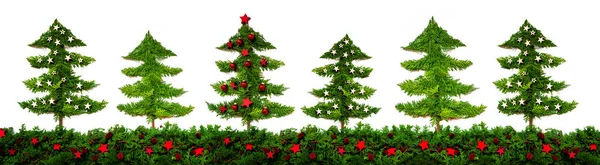 Panorama Of Christmas Tree Pattern And Texture, Fir Branches, Red Decoration — Stock Photo, Image