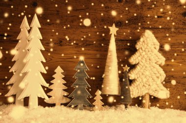 Noel Ağaçları, Kar, Retro Kahverengi Tahta Arkaplan, Yıldız, Kar Taneleri